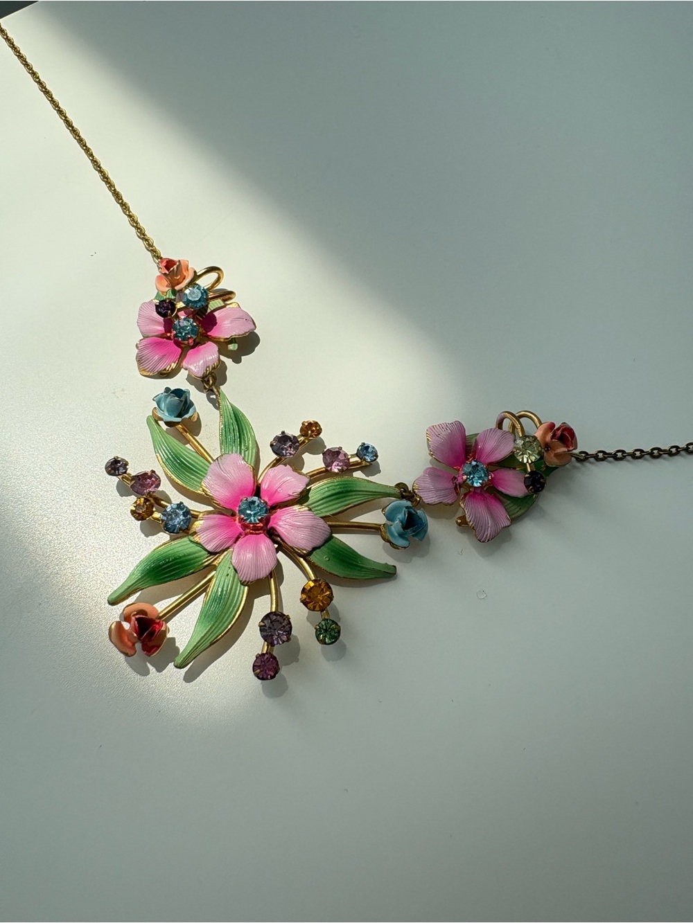 Floral Pink & Green Enamel Necklace and Earrings with Multicolor Crystals